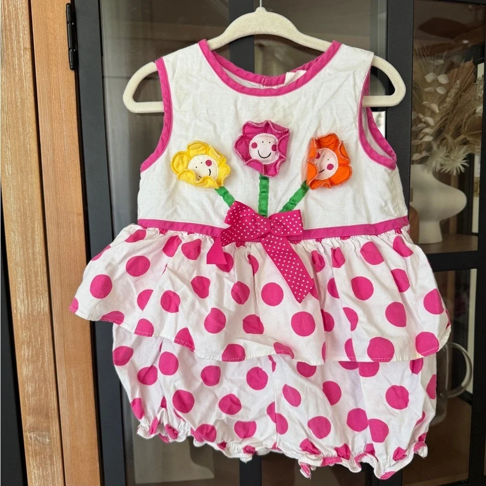 Vintage 90s Bubble romper flowers 3D applique embroidered polka dots baby girl